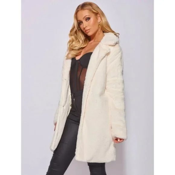 White Faux Fur Long Sleeve Collared Loose Fit Midi Coat - Picture 8 of 14